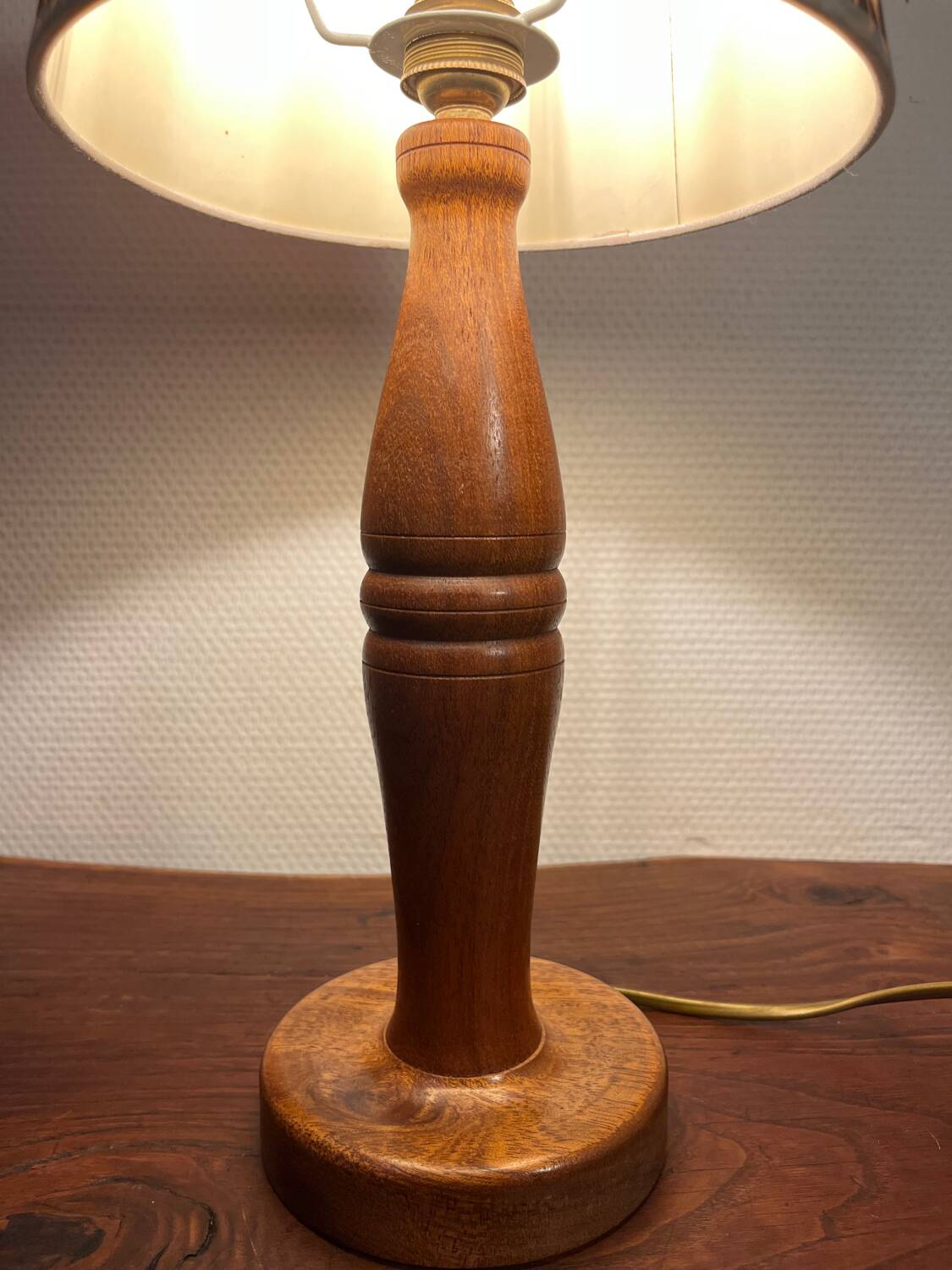 Solid wood table lamp with baroque shade from the 70s