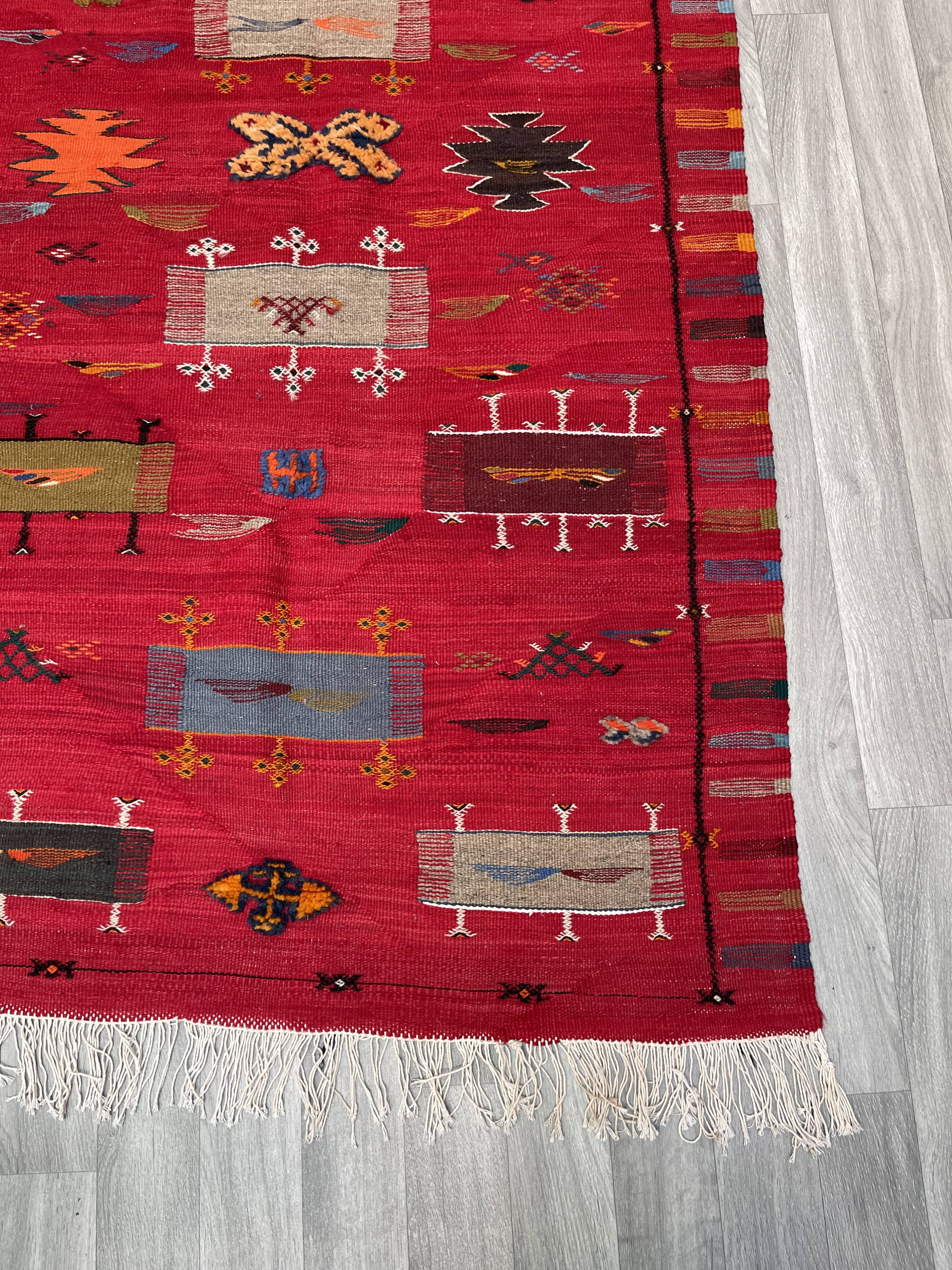 Unique and medium berber kilim, red rug, moroccan kilim, decoration rug
