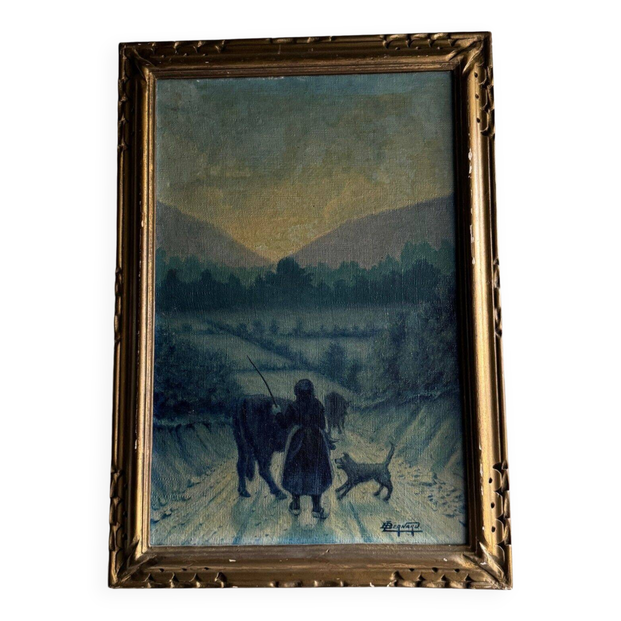 Huile sur toile par Bernard XXe représentant une fermière sur un chemin