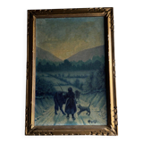 Oil on canvas by Bernard XXe representing a farmer's wife on a path