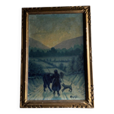 Huile sur toile par Bernard XXe représentant une fermière sur un chemin