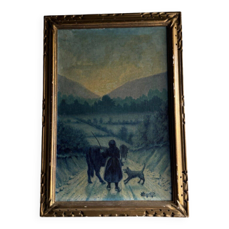 Oil on canvas by Bernard XXe representing a farmer's wife on a path