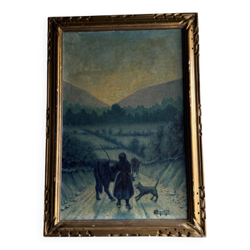 Oil on canvas by Bernard XXe representing a farmer's wife on a path