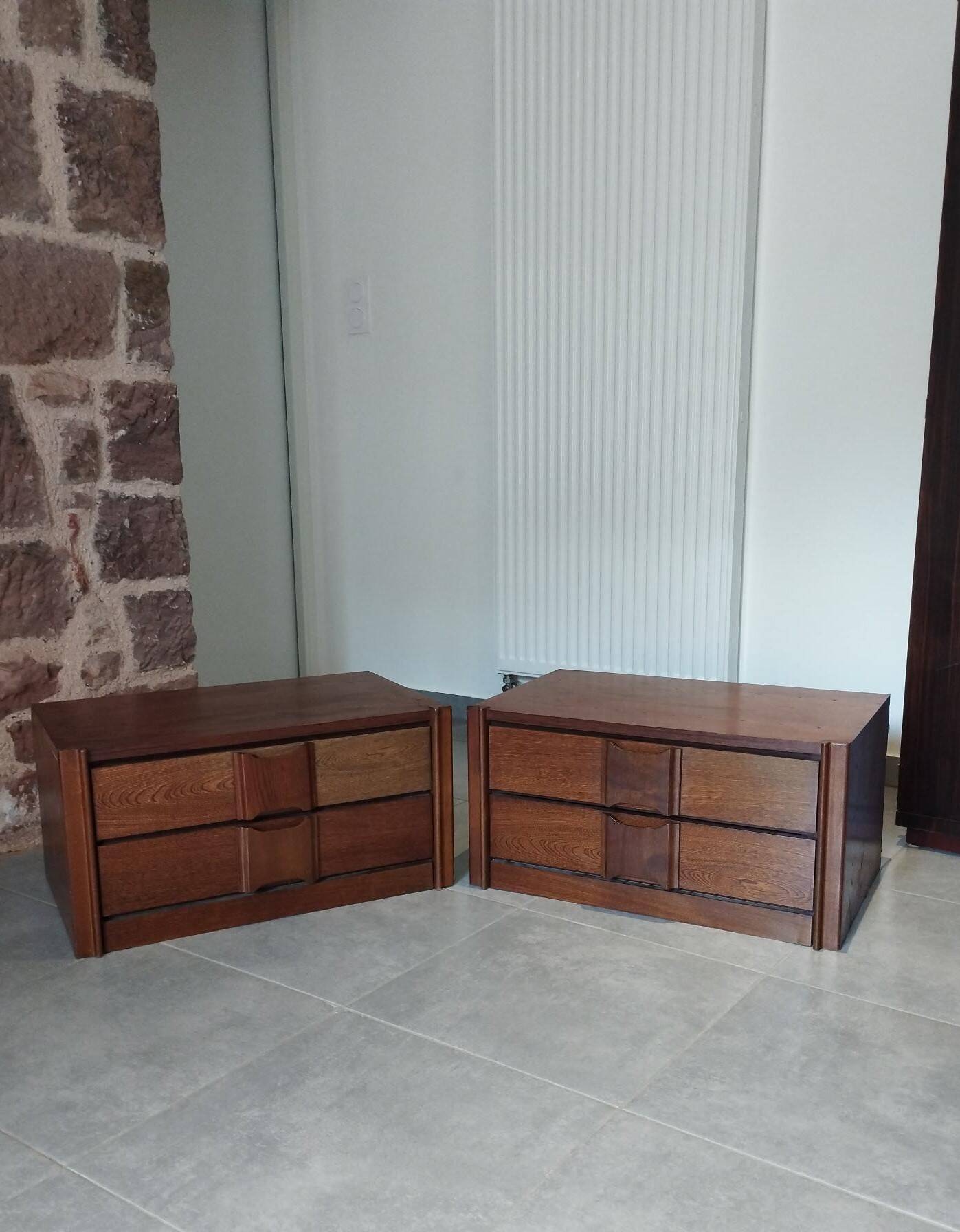 Pair of vintage Scandinavian design modules, bedside table, chest of drawers, sideboard, table.