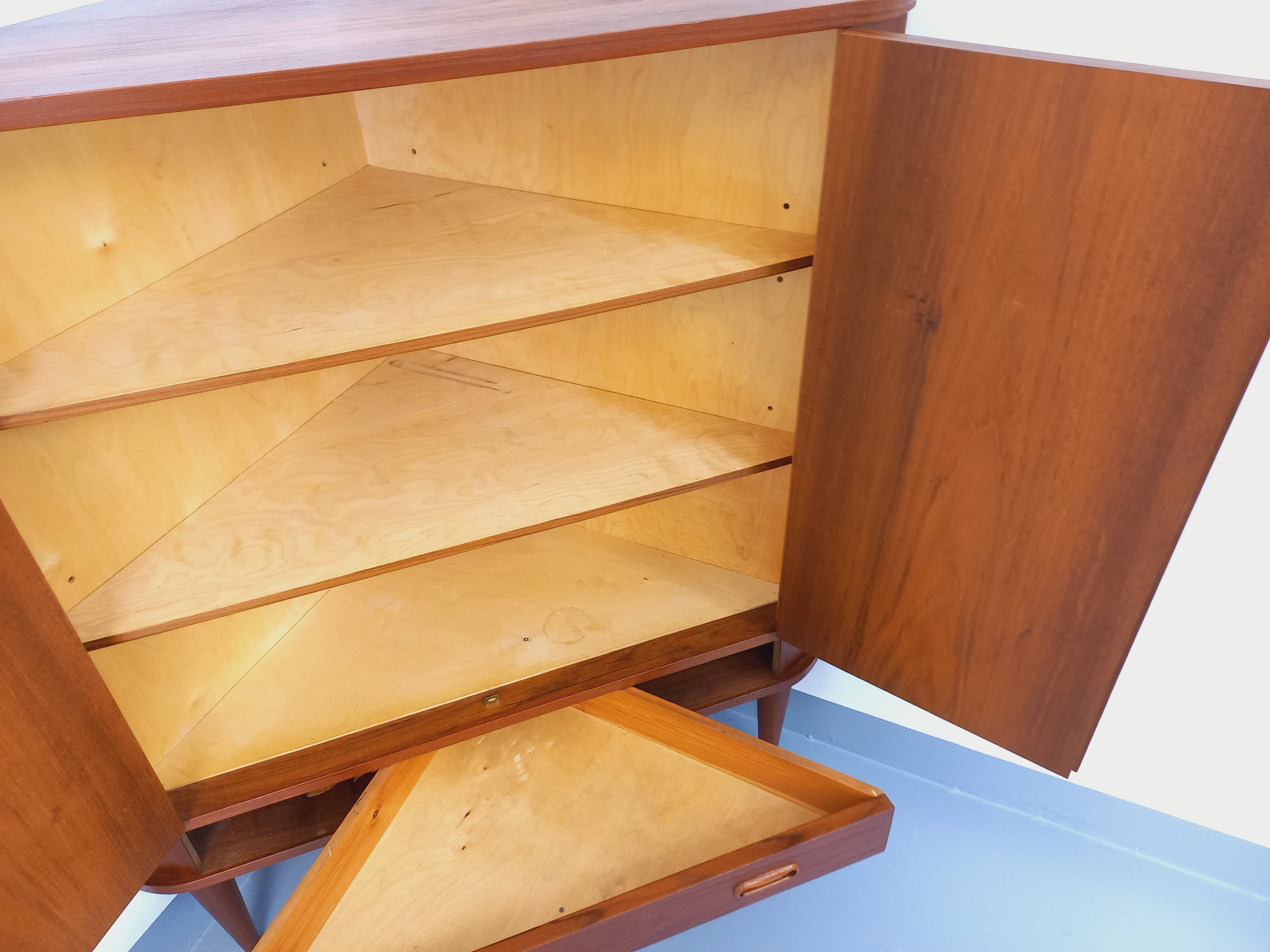 Vintage Scandinavian teak storage corner cabinet from the 60s