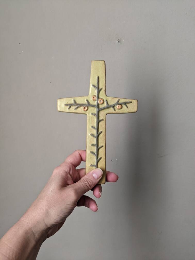 Jeanne Leveque ceramic crucifix, religious cross, wall decoration