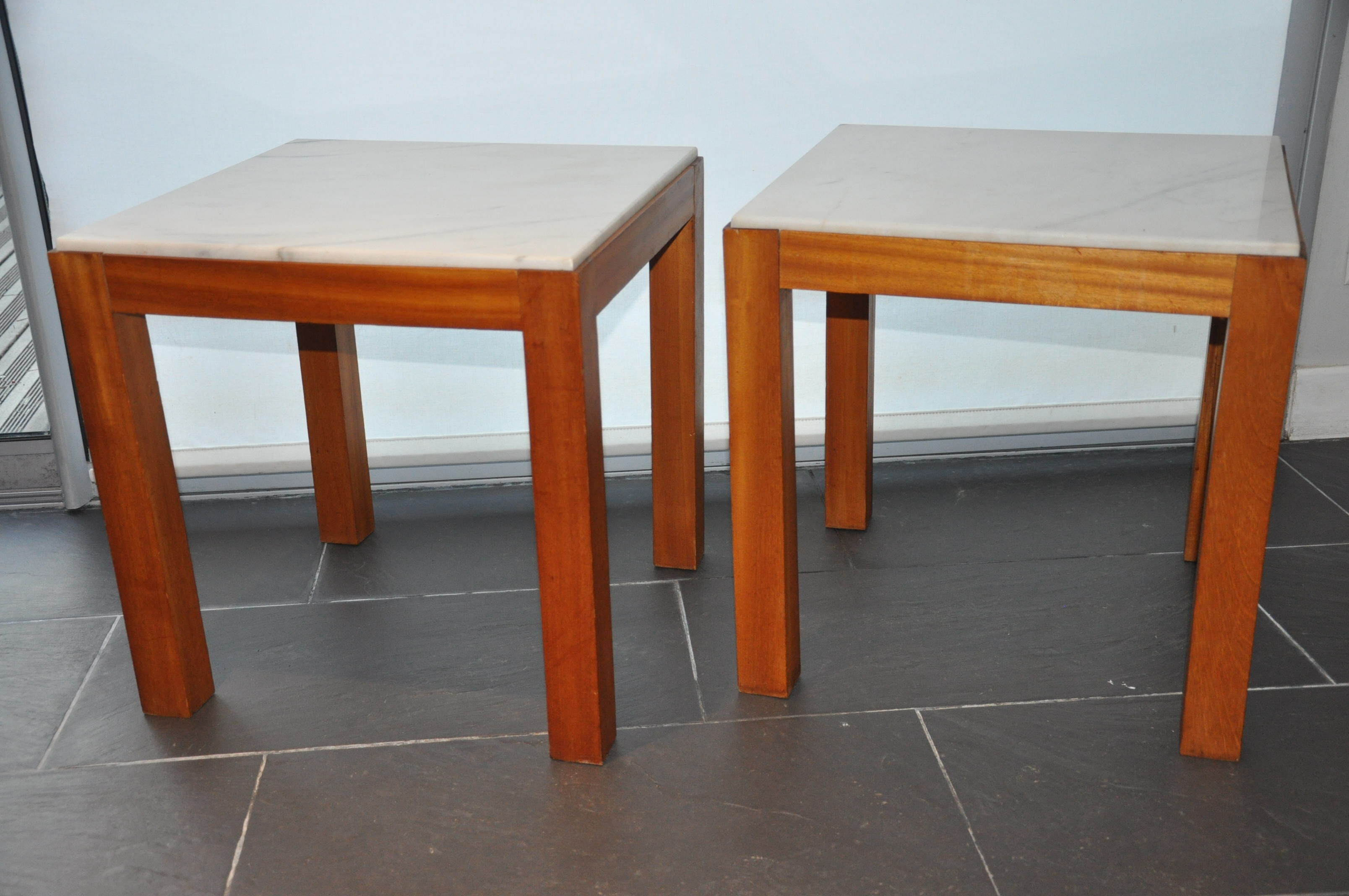 Pair of wooden and marble side tables