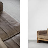 Canapé vintage scandinave en cuir et chêne du milieu du siècle, années 1970