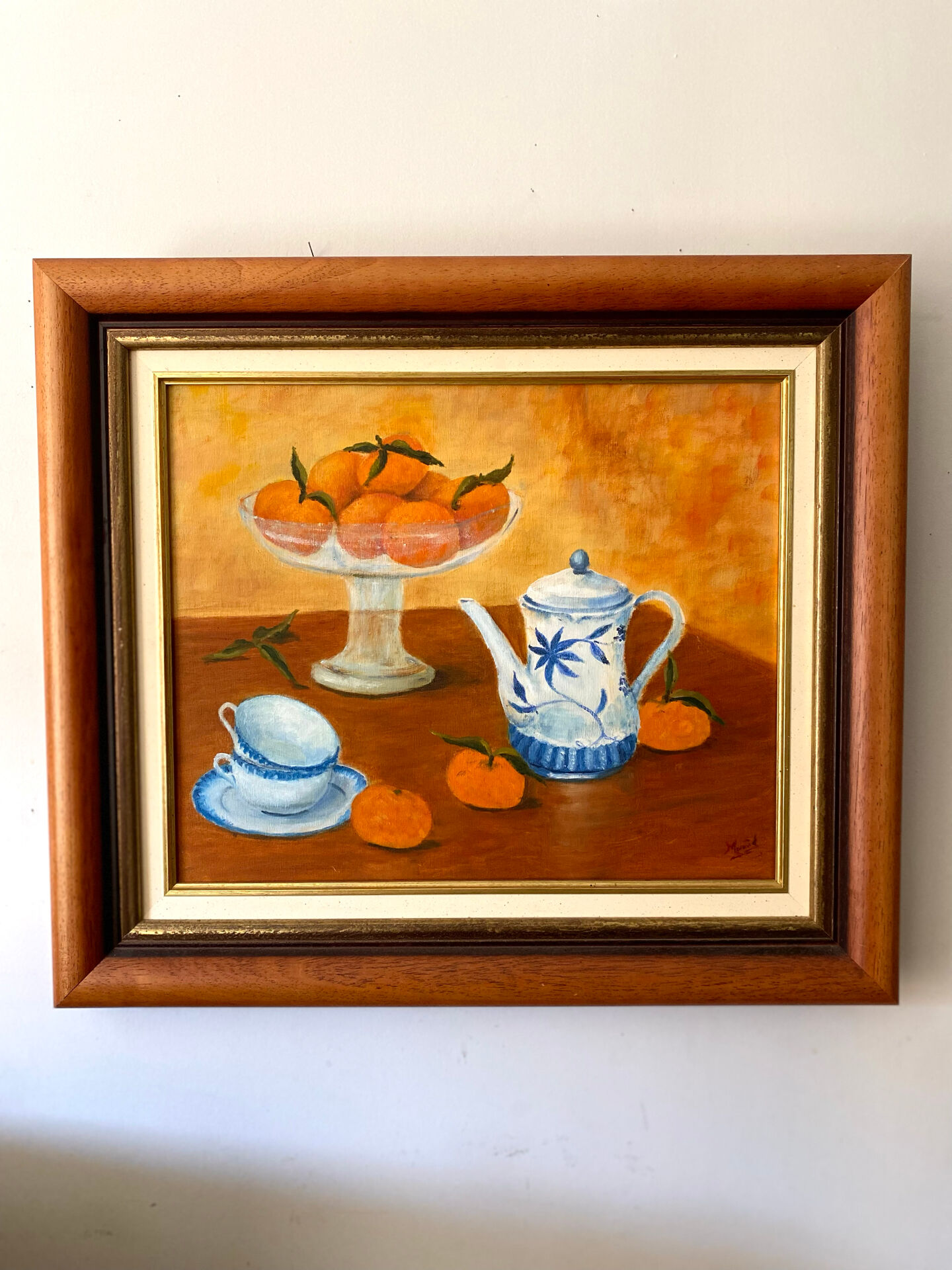 Still life with mandarins and blue pottery, oil on canvas