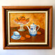 Still life with mandarins and blue pottery, oil on canvas