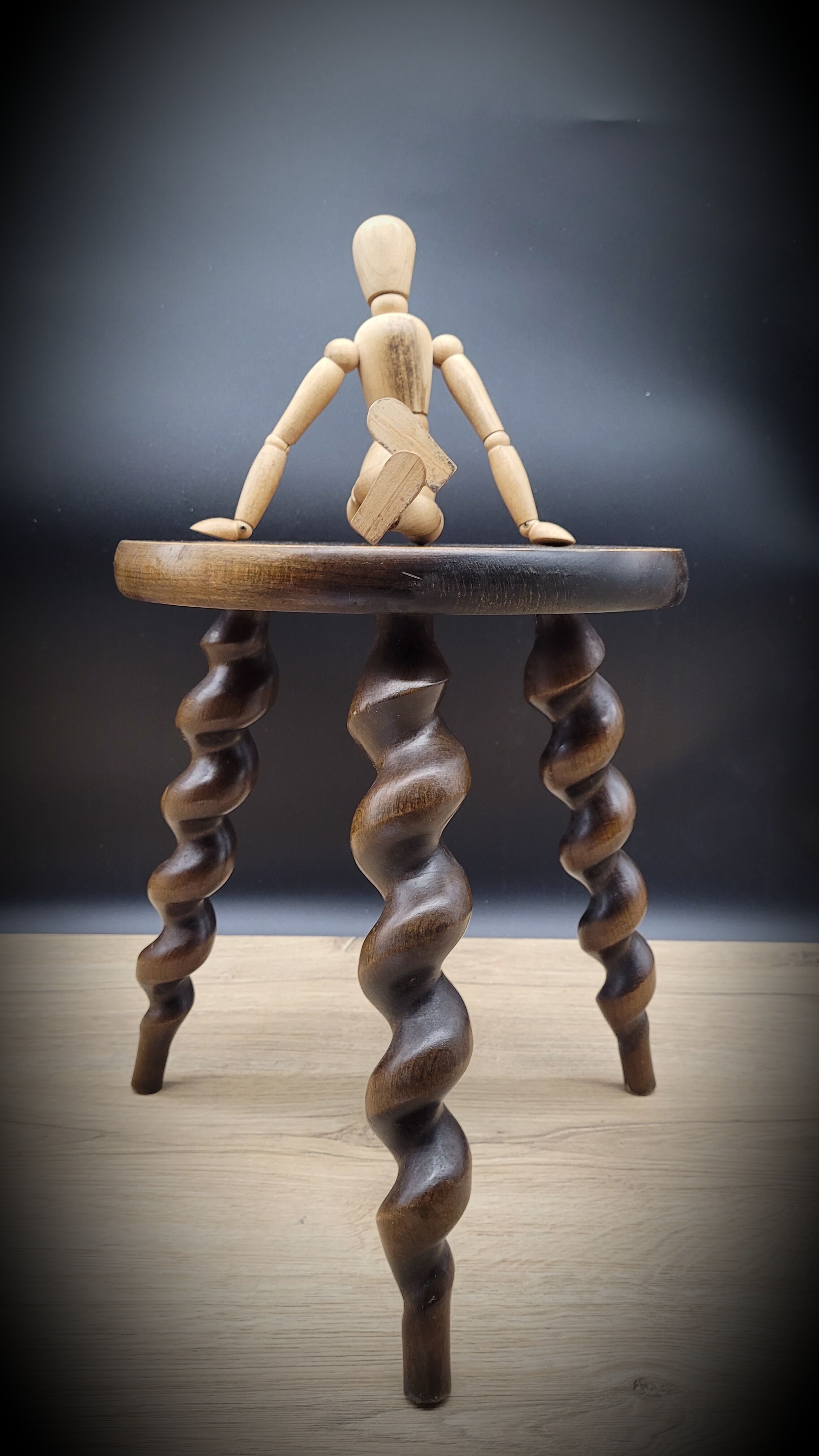 Turned wood tripod stool
