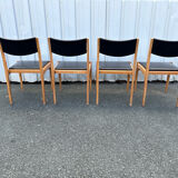 Set of 4 Scandinavian chairs in light wood and black faux leather – vintage