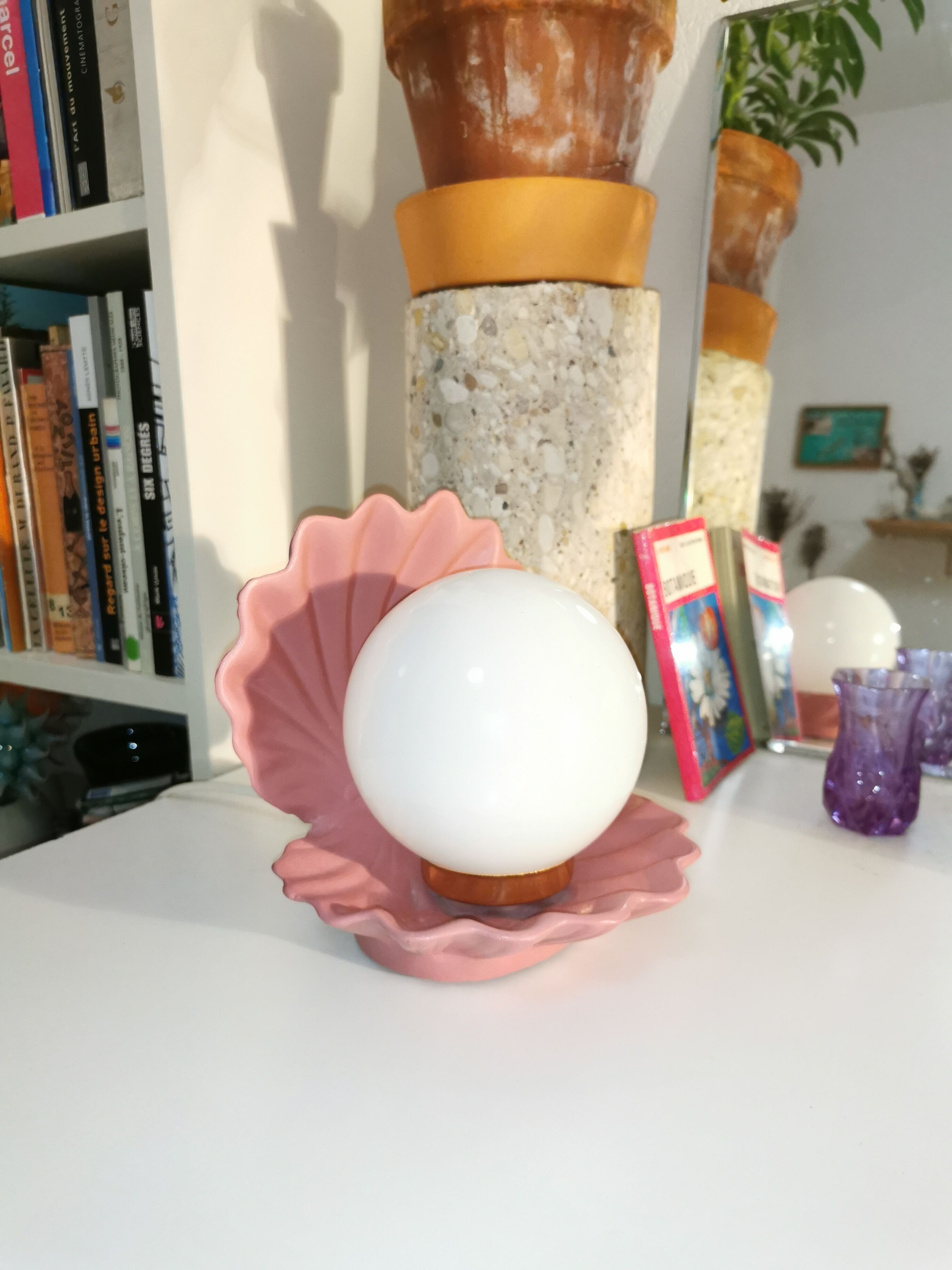 Ceramic shell lamp and opaline bead, saint-jacques, france, 1980