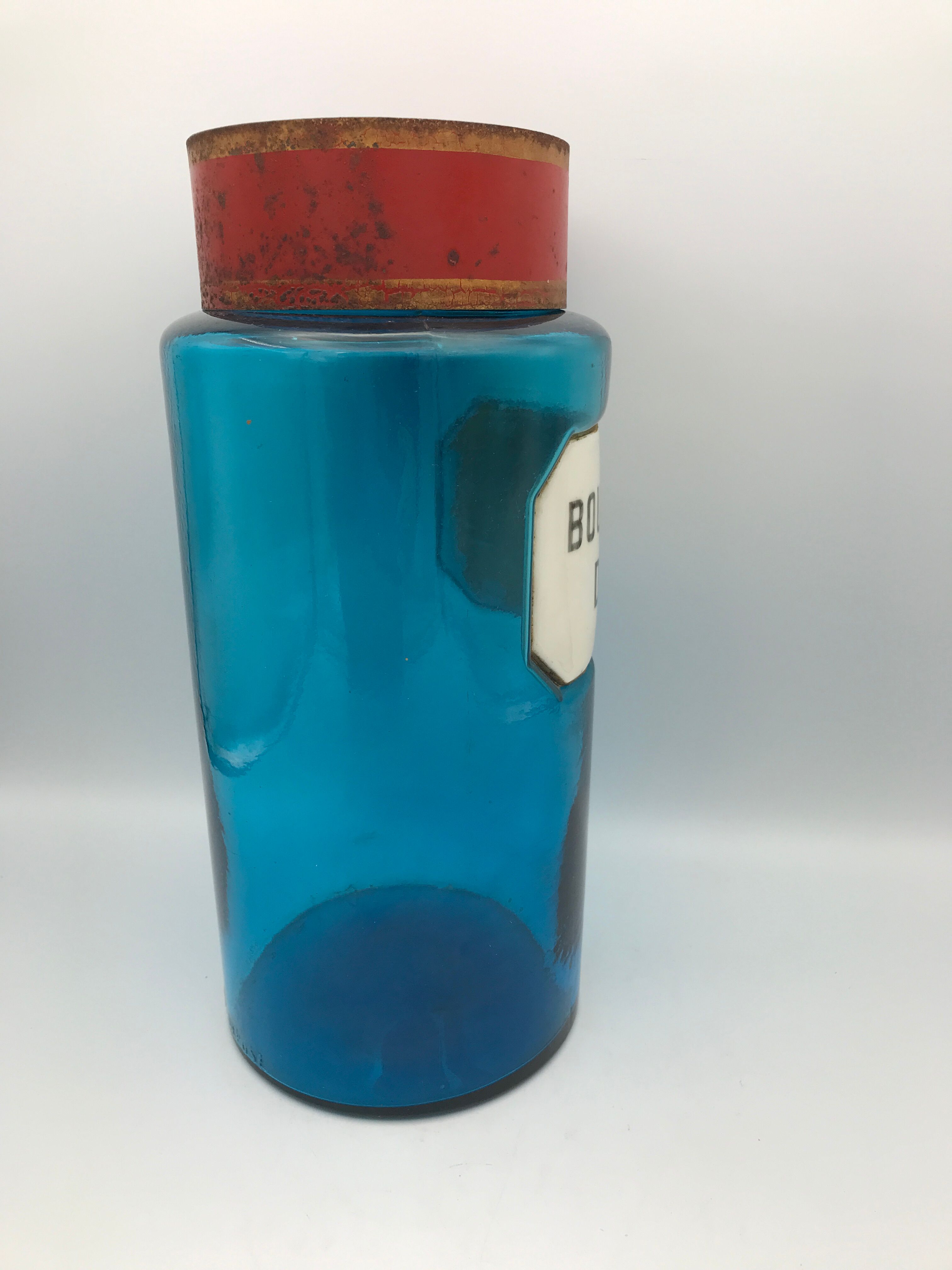 Flacon bocal de pharmacie apothicaire en verre bleu, plaque bourgeons de pin, 26,5 cm