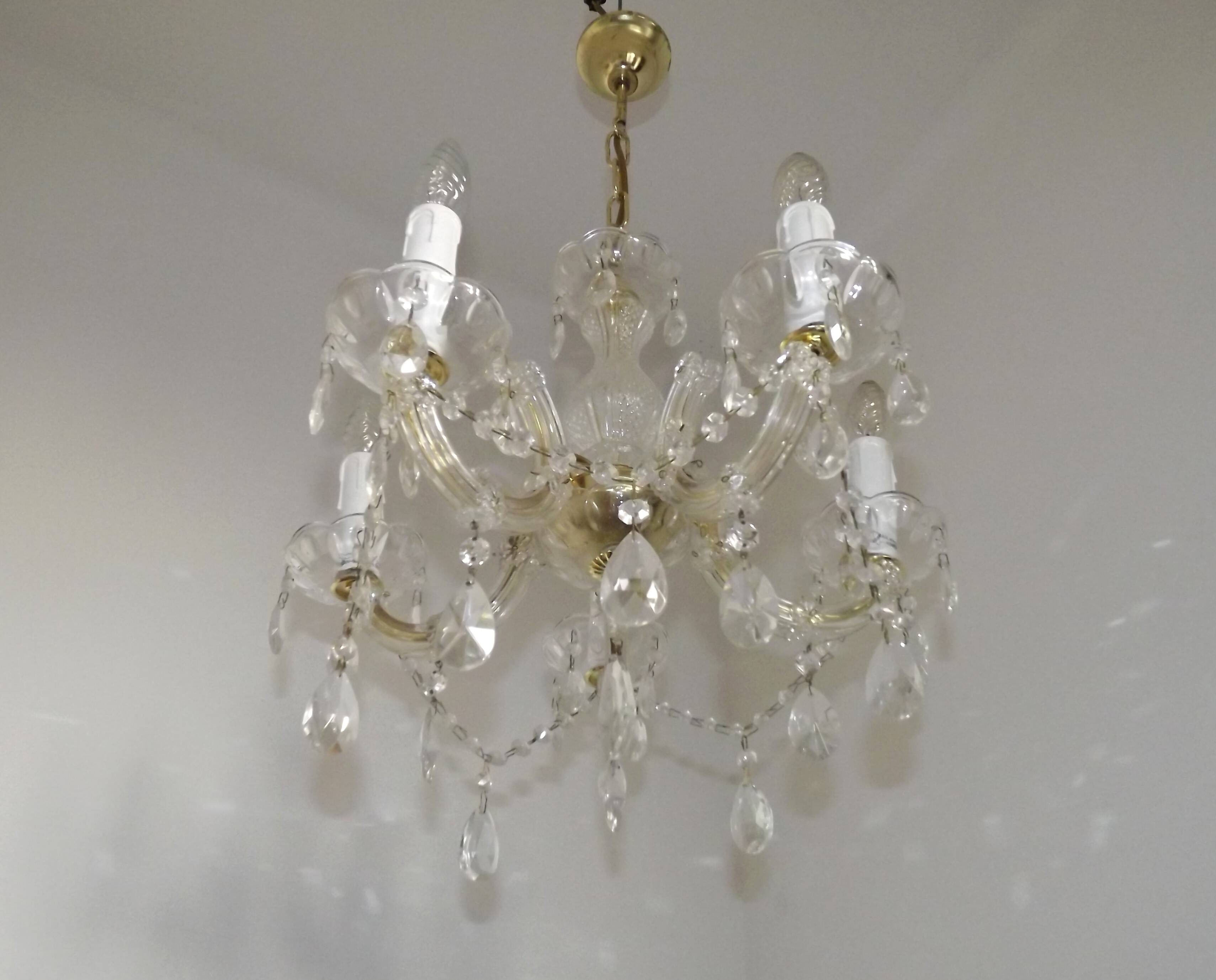 Vintage French Metal Crystal and Glass 5 Arm Paris Chic Style Chandelier