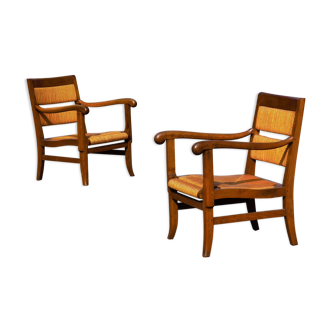 Paire de fauteuils chêne et paille 1960
