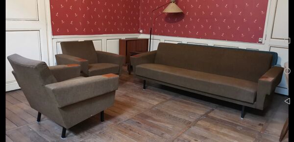 Canapé sofa daybed convertible années 60 70 kaki