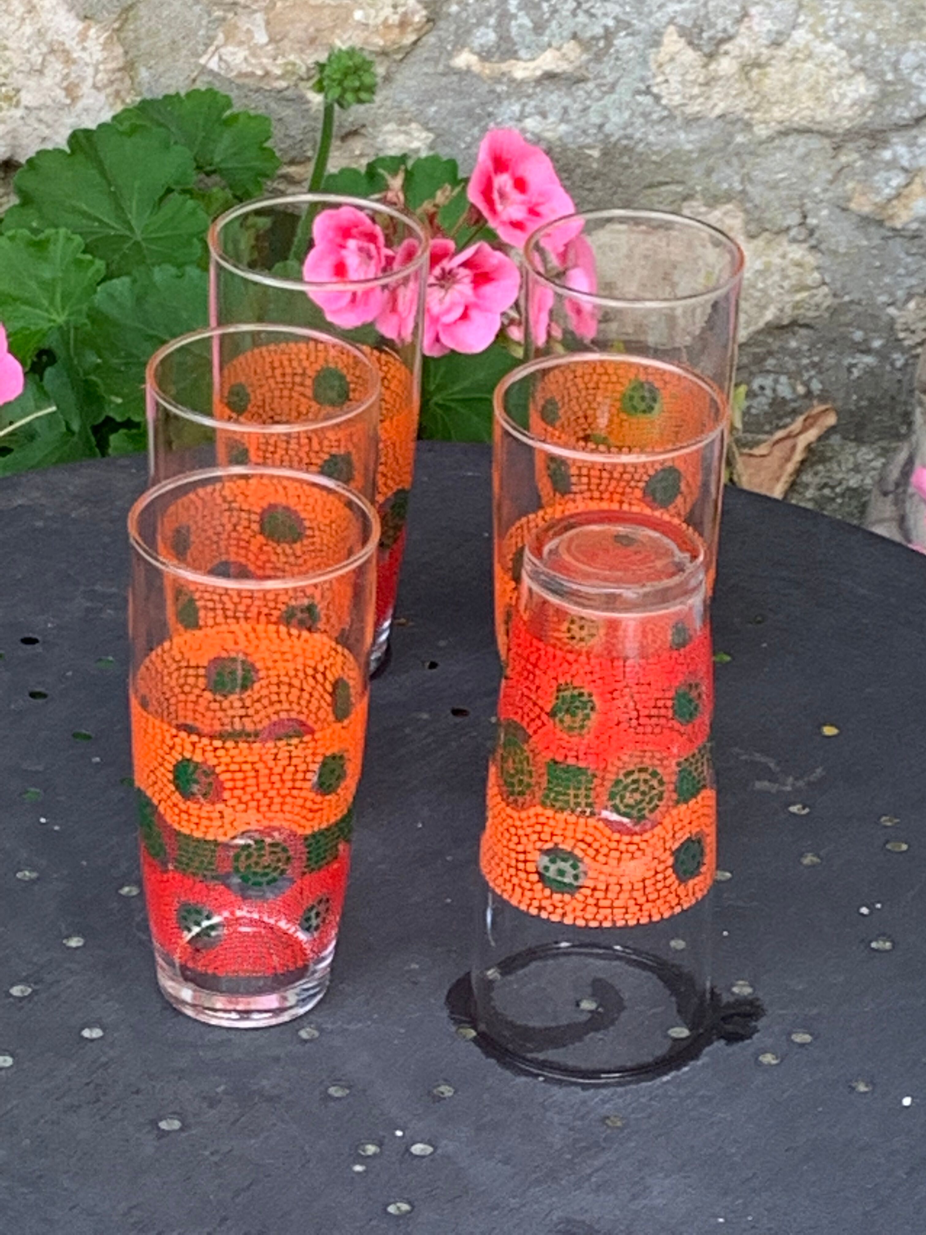 6 glasses to orangeade mosaic orange and green vintage 1970
