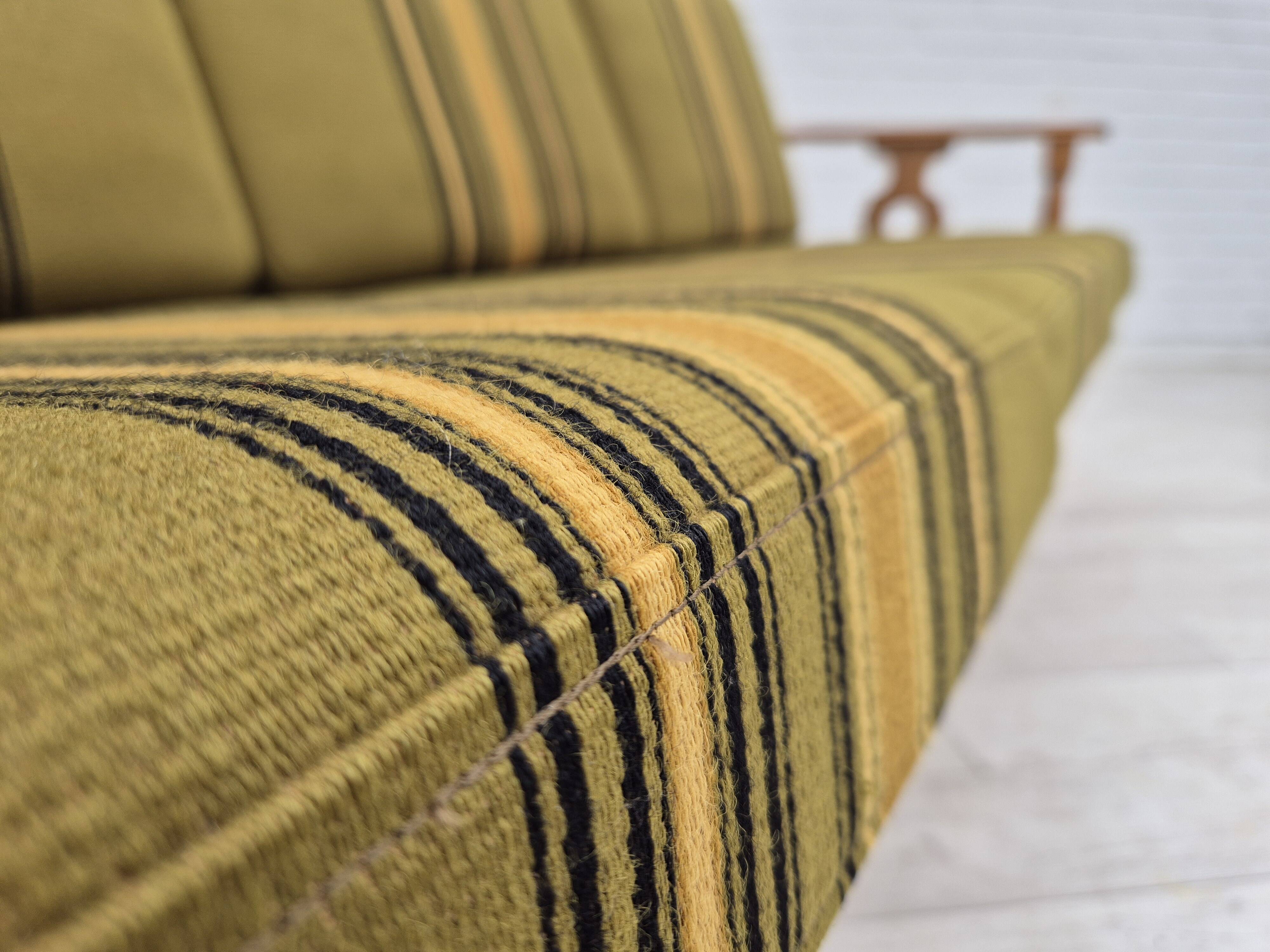 1970s, Danish 3 seater sofa, original condition, furniture wool, solid oak wood.