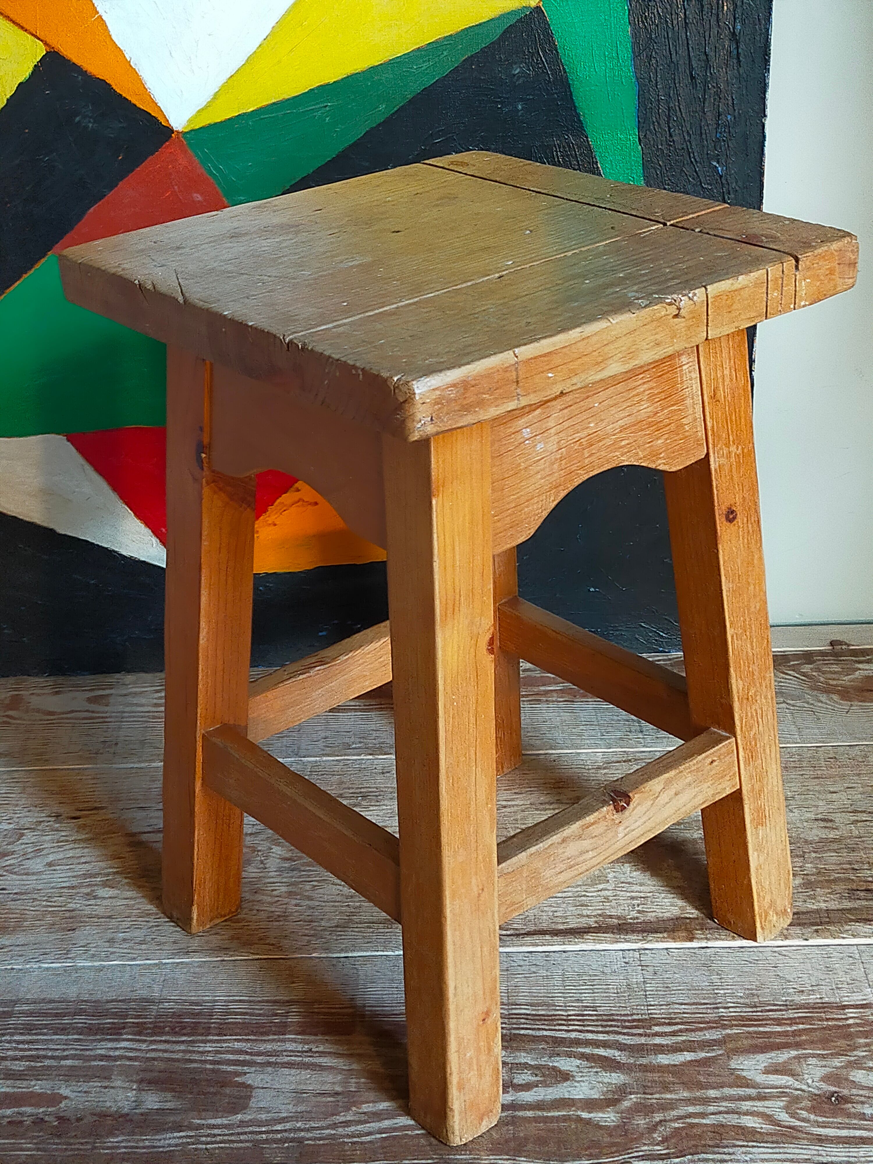 Vintage solid pine workshop stool