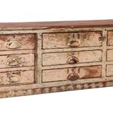Antique 9-drawer workshop cabinet in Burmese teak with original ecru patina