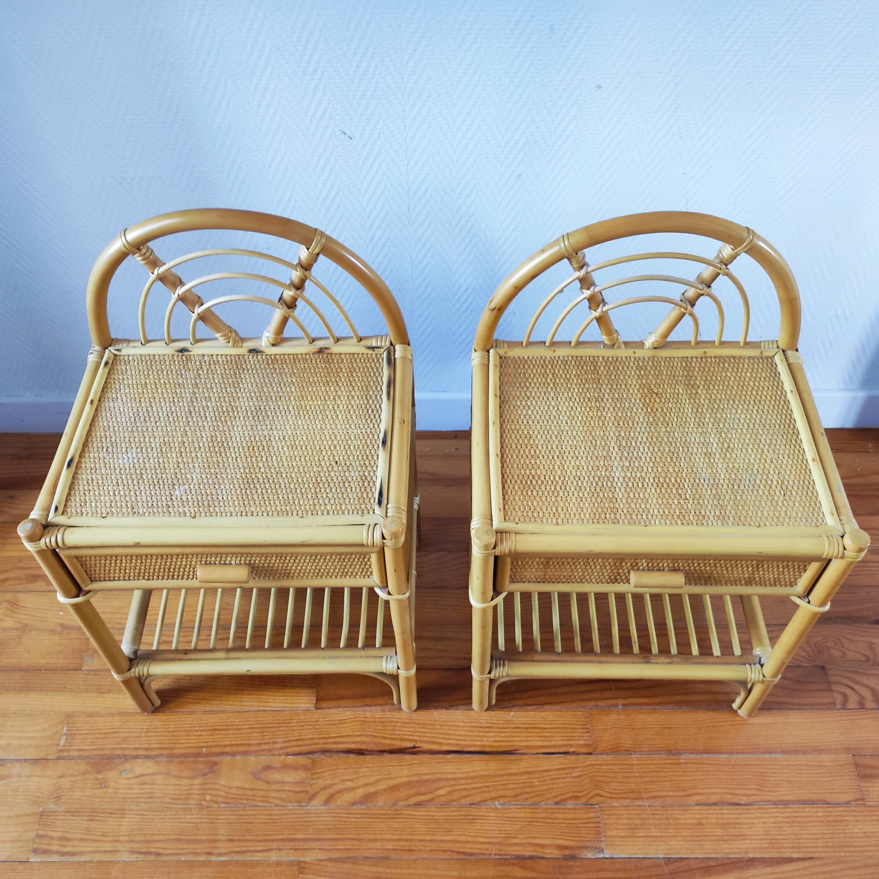 Pair of vintage bedside tables in light rattan