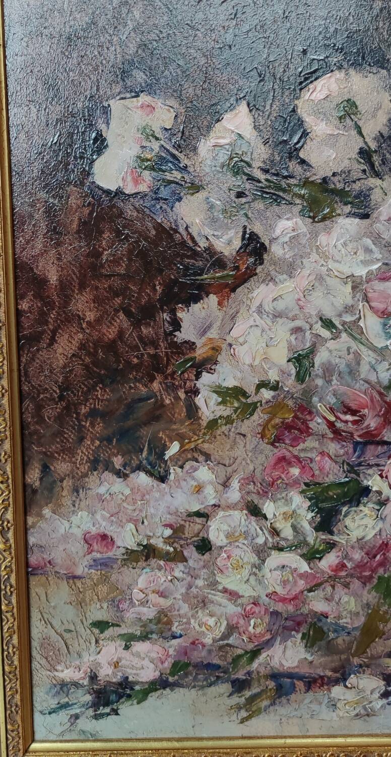 Old Oil Painting On Wood/Bouquet Of Flowers/Still Life