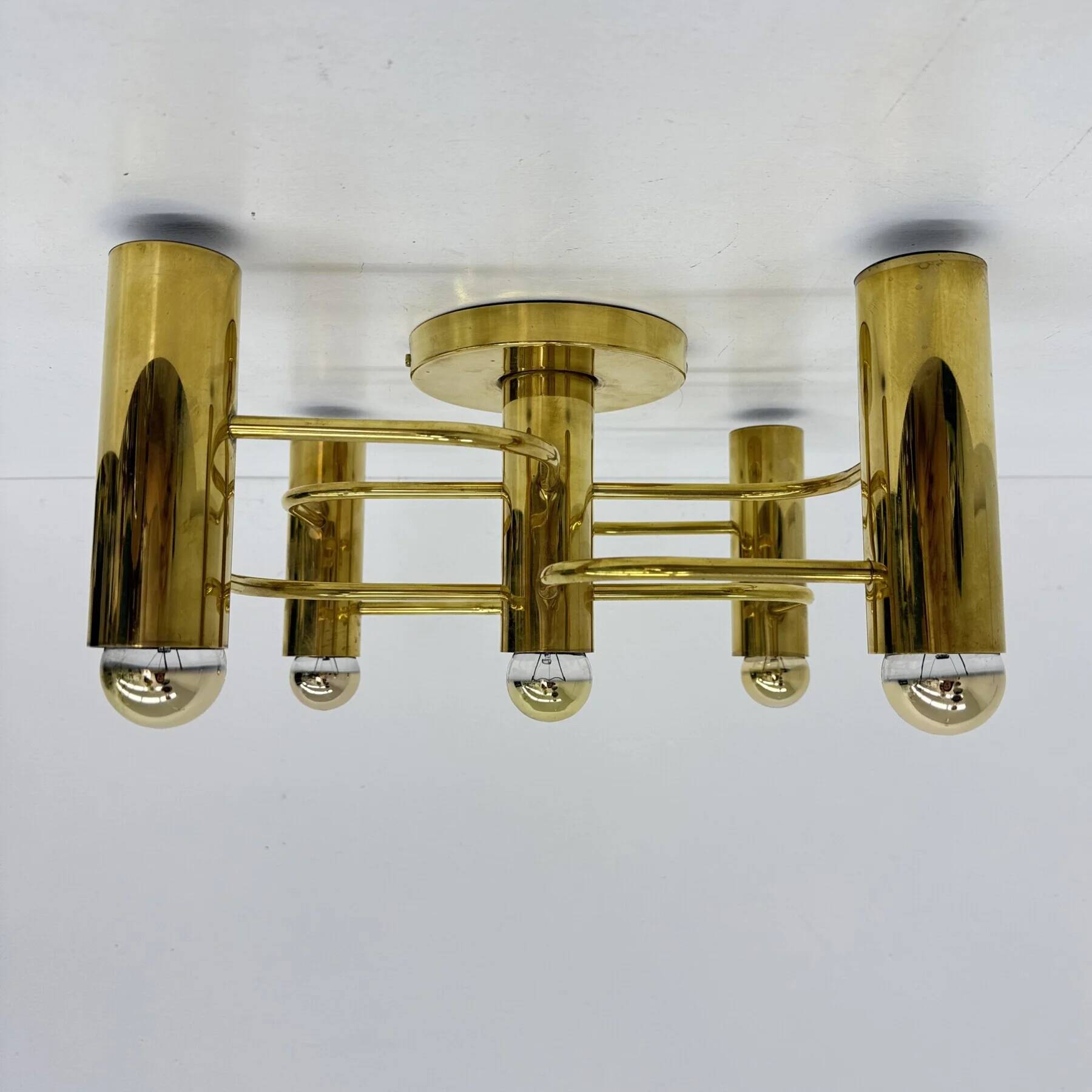 Vintage mid-century modern brass ceiling lamp Leola flushmount by Sciolari, Germany, 1970s