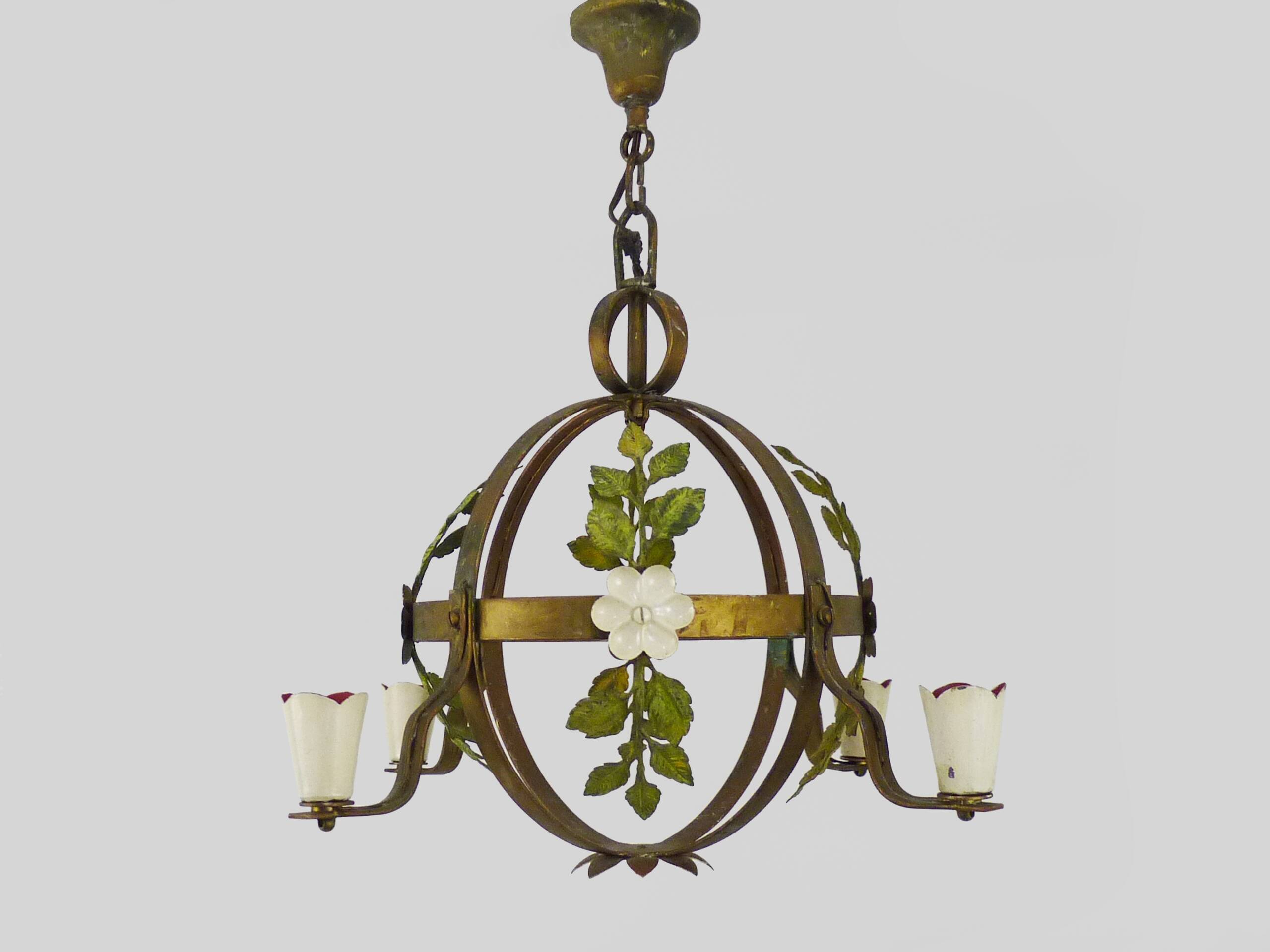 4-light ball-shaped chandelier with foliage. Italy. The 50's