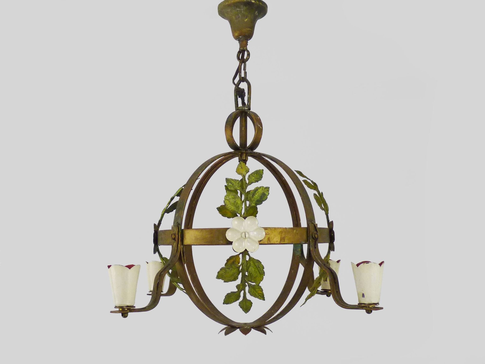 4-light ball-shaped chandelier with foliage. Italy. The 50's