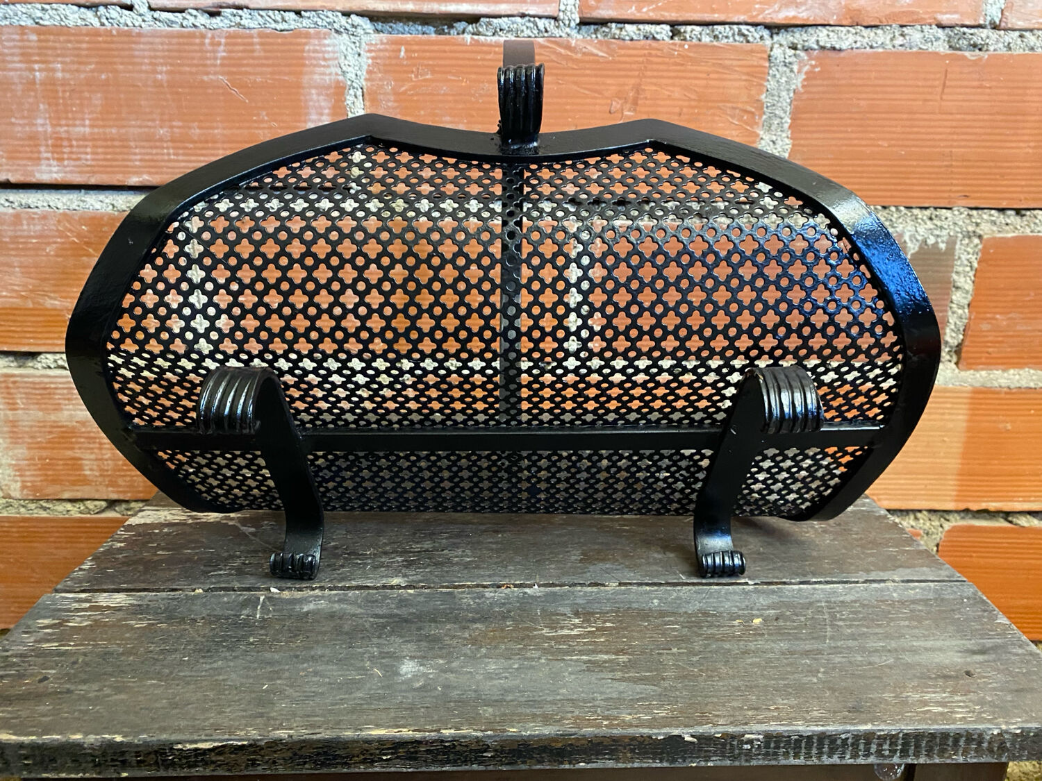 Vintage Black Perforated Sheet Metal Log Holder for Old Fireplace #D6