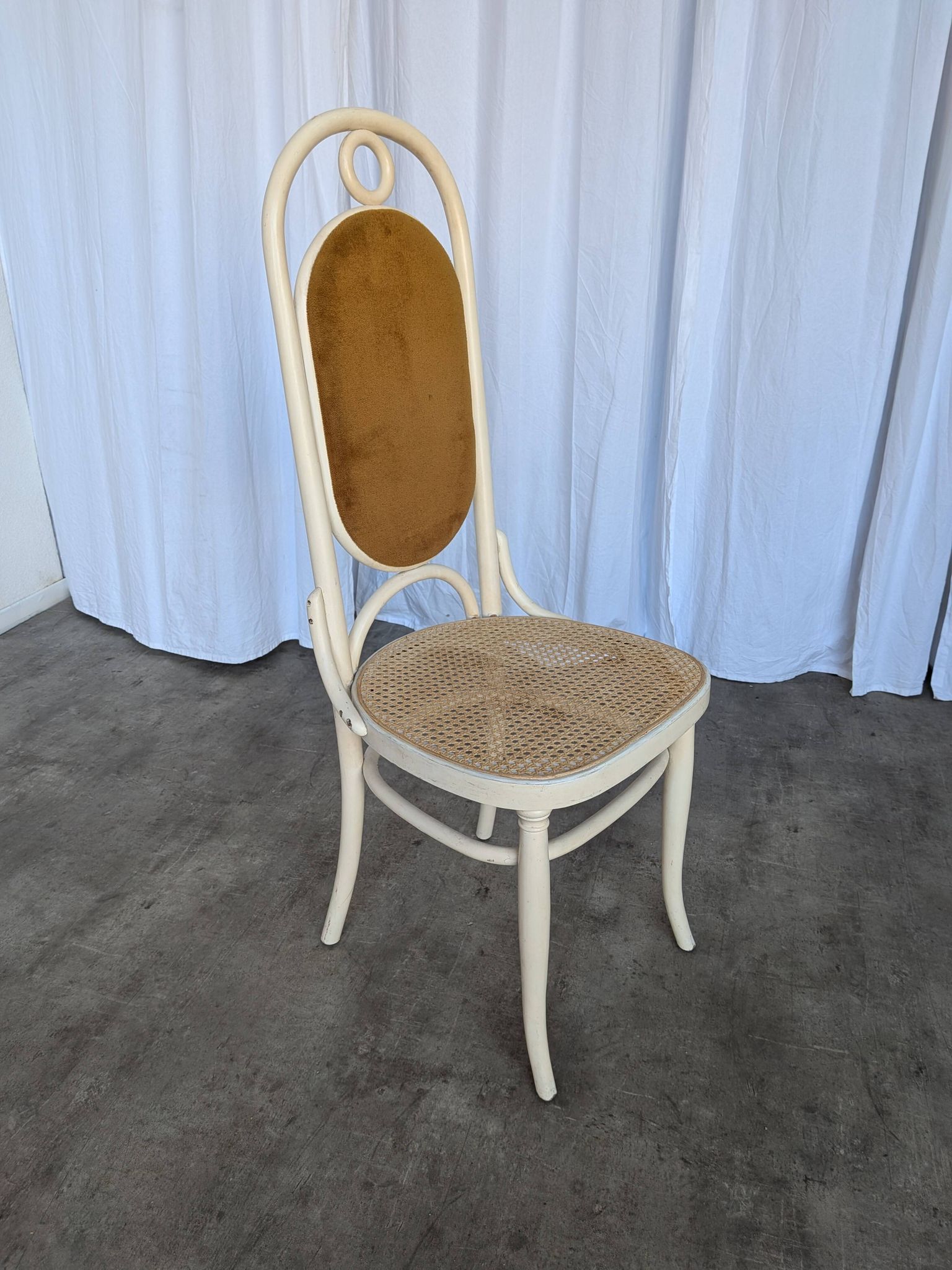 Vintage Thonet Bentwood Dining Chair: Cane Seat, Yellow Fabric Back