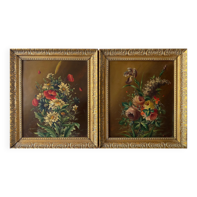 Tableaux XIX° pendant HSP acajou ''Bouquet de fleurs'' signés Vincent + cadre