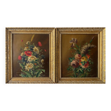 Tableaux XIX° pendant HSP acajou "Bouquet de fleurs" signés Vincent + cadre