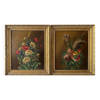 Paintings XIX ° during HSP mahogany "Bouquet of flowers" signed Vincent + frame