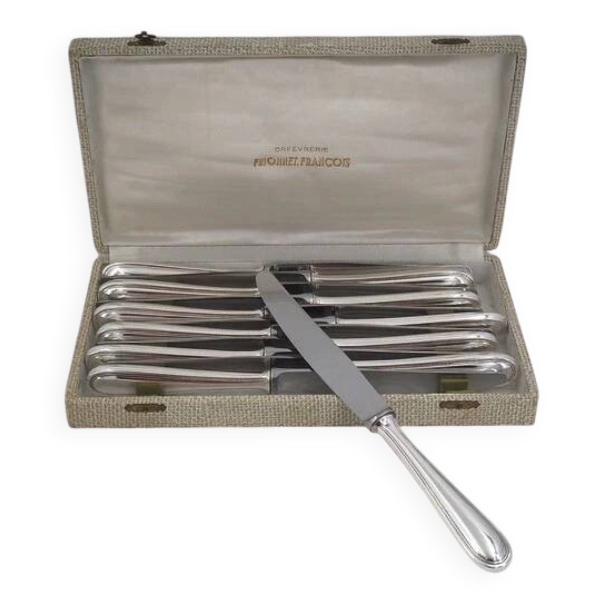 François Frionnet, 12 couteaux de table en métal argenté, filet simple, Albi.