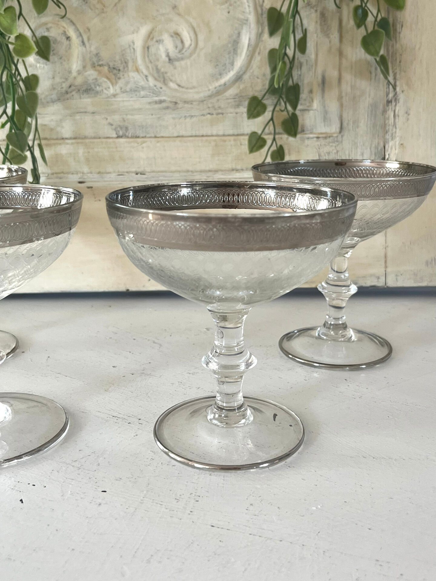 Etched silver rim cocktail coupe glasses set mid century barware