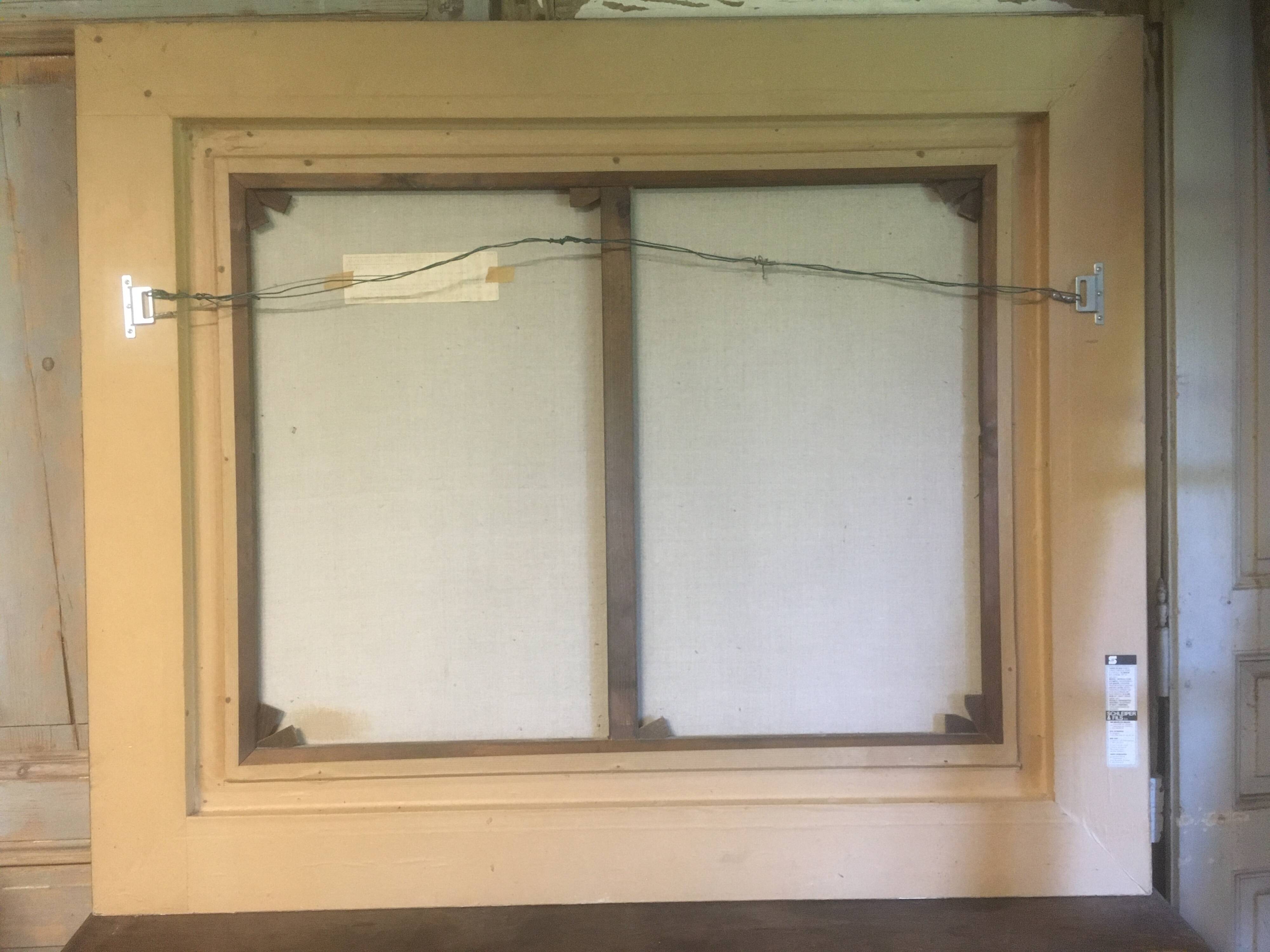 Bouquet of flowers and fruits on table, composition on canvas 100x120