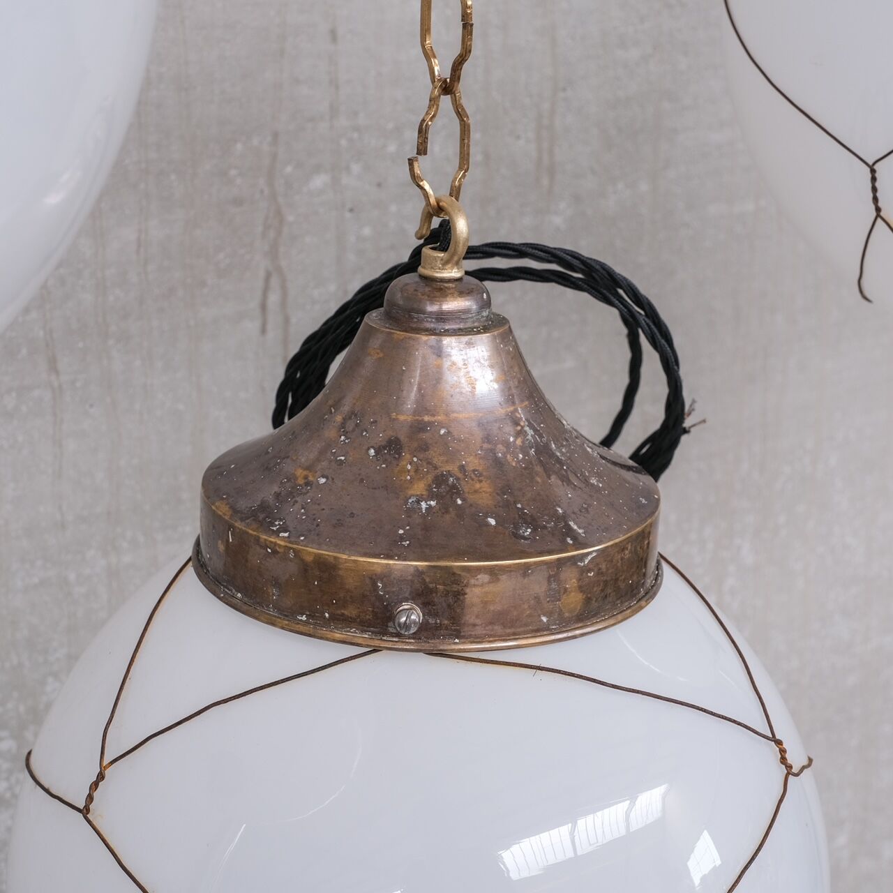Opaline and brass mid-century caged pendant