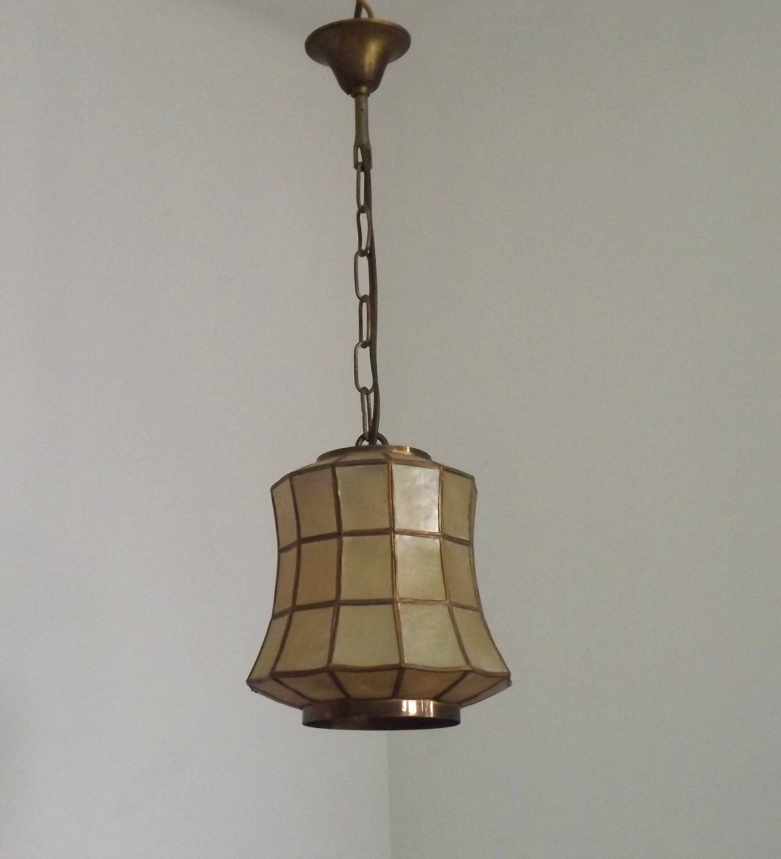 French Vintage Capiz Shell Hanging Pendant Light in Brass Metal and Copper