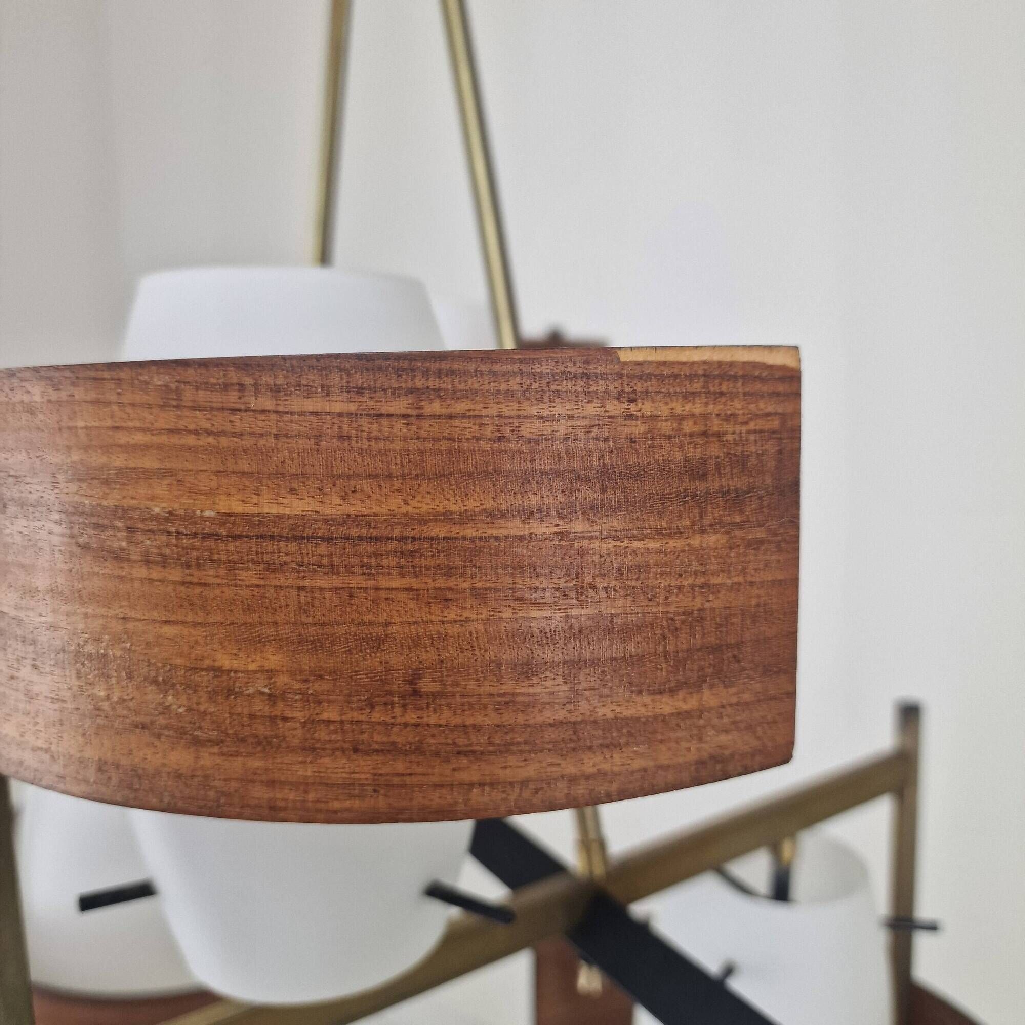 Italian Brass, Teak and Opaline Glass Chandelier by Stilnovo, 1960's