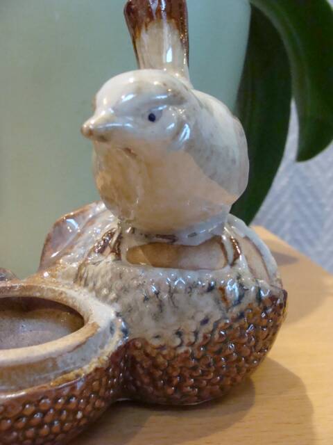 Small vintage enameled ceramic bird bowl