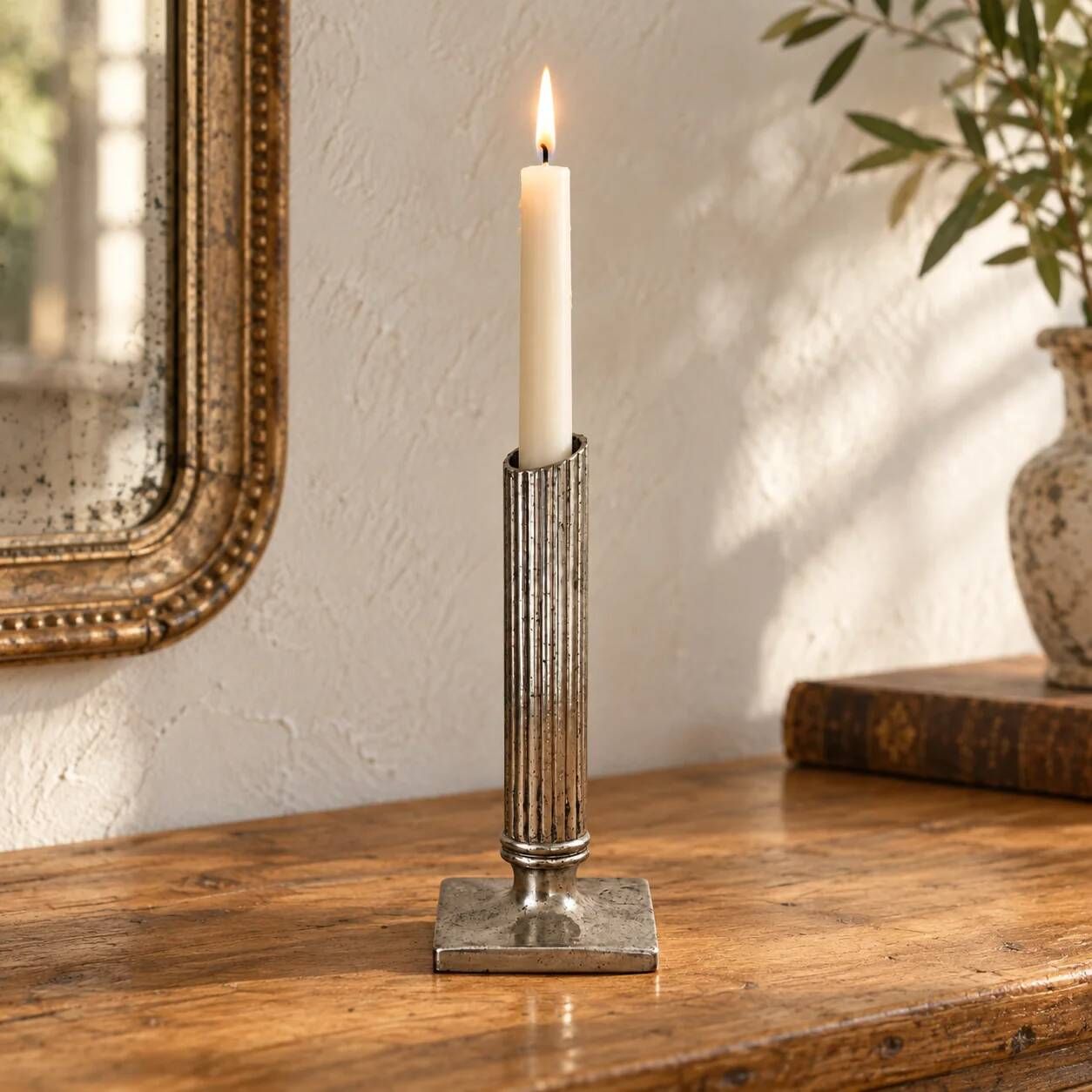 Soliflore or vintage candle holder in silver-plated metal – Fluted column on a square base
