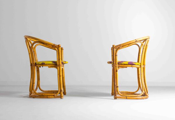 Ensemble funky de cinq chaises en bambou des années 60