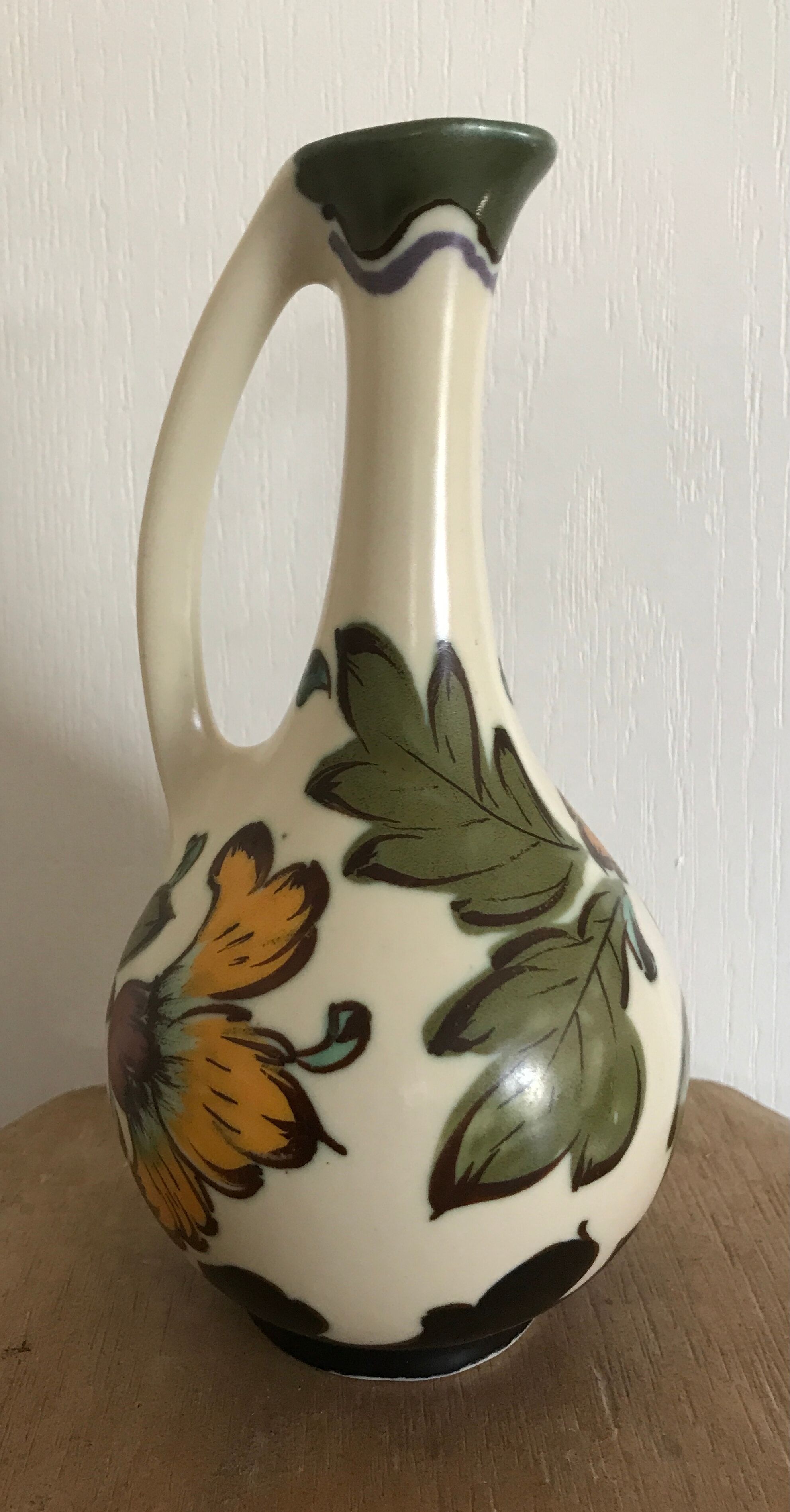 Old porcelain vase royal gouda holland decoration hand signed, 18 cm