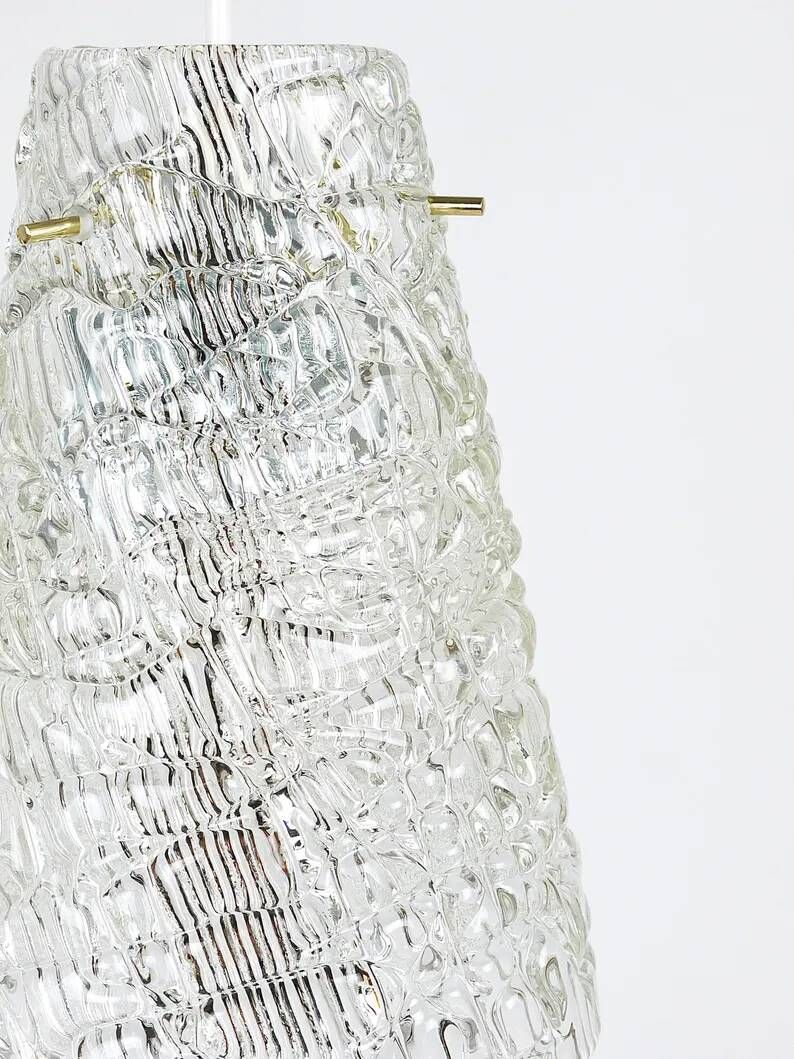 J.T. Kalmar Mid-Century Textured Glass & Brass Pendant Lamp, Austria, 1950s