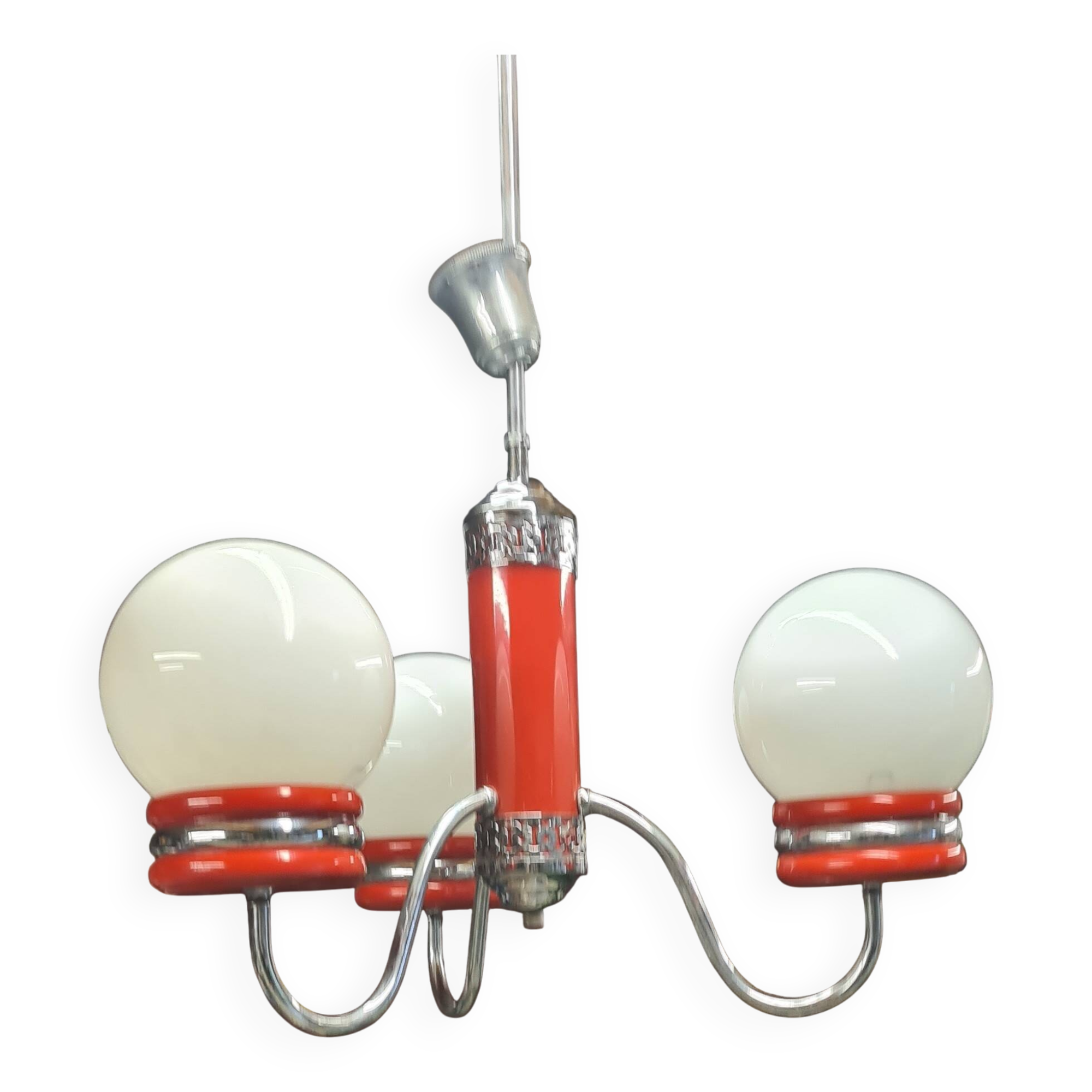 Italian opaline three-ball pendant light, targetty style, 1960s to 70s, very good condition, h70x46