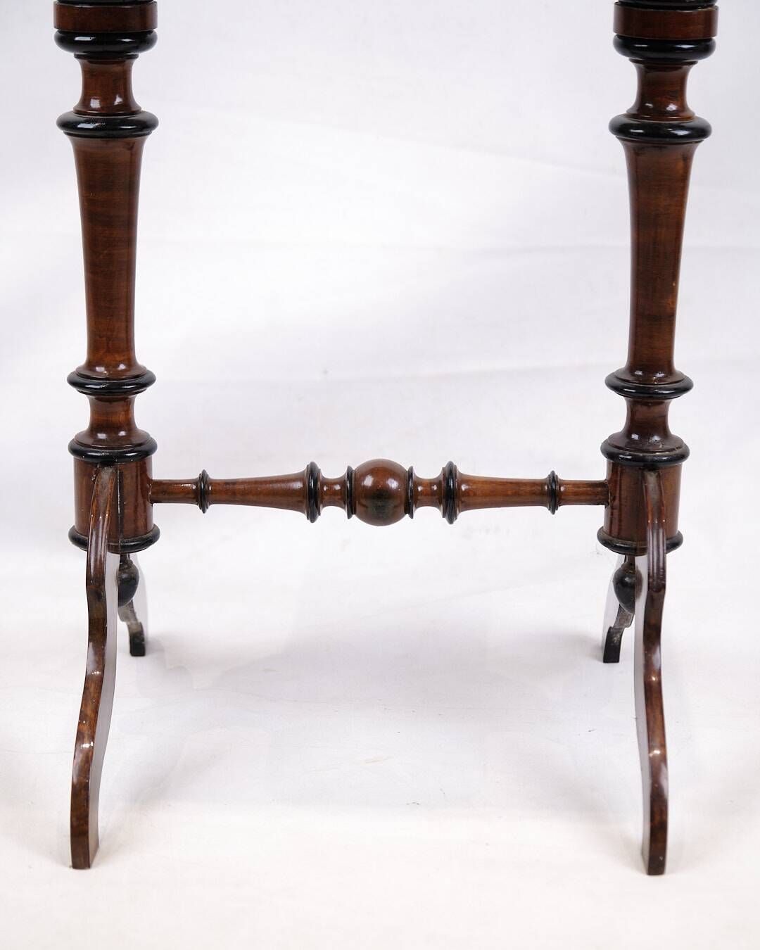 Antique sewing/side table with built-in storage - hand polished mahogany - turned legs - year 1890s