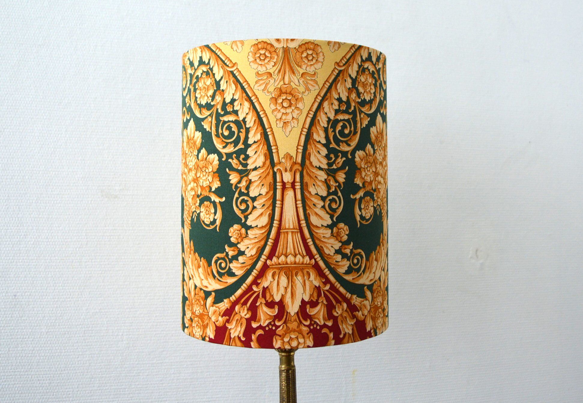 Fabric lampshade with baroque pattern, antique gold leaf design.