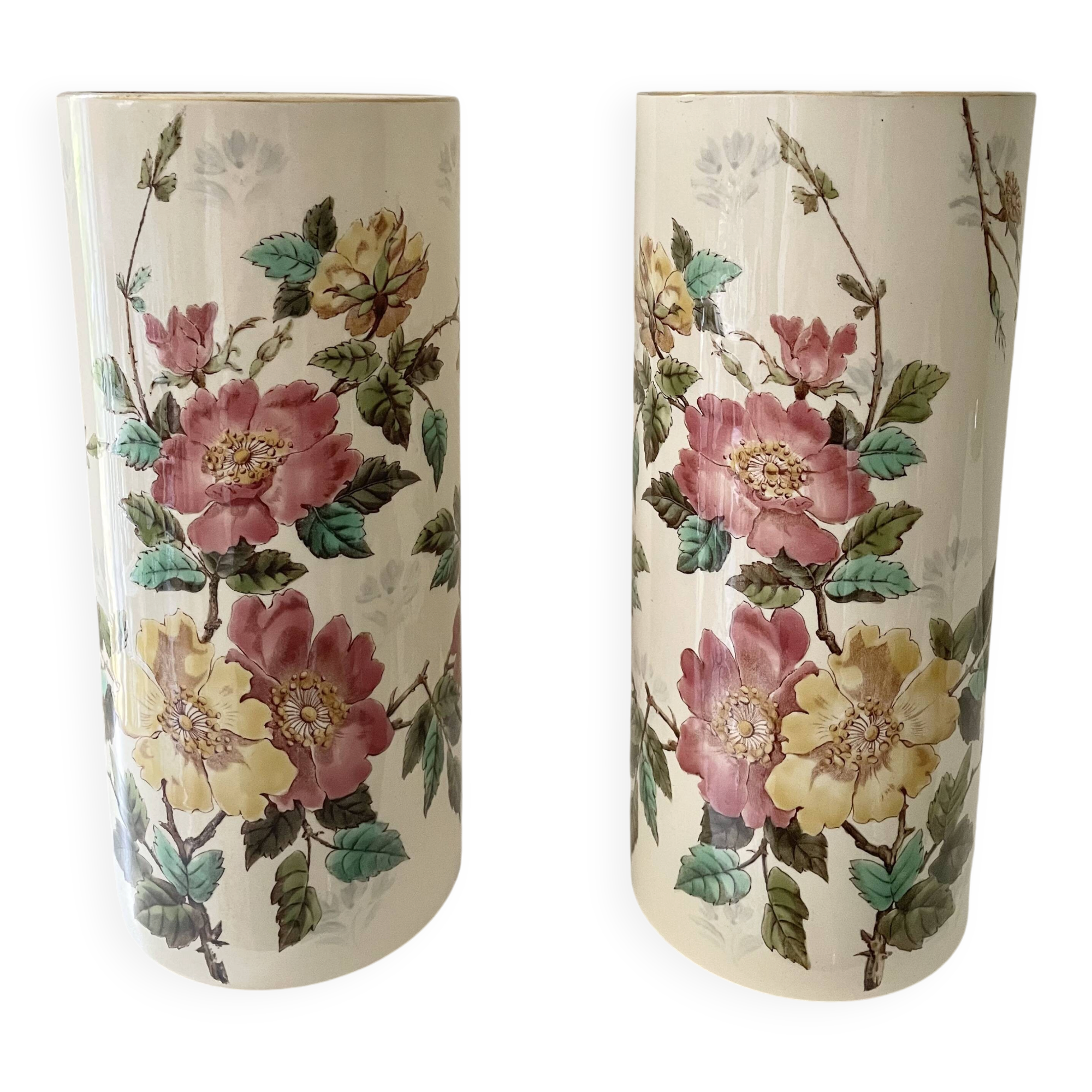 Roller vases in earthenware with floral decoration of wild rose, circa 1930–1950.